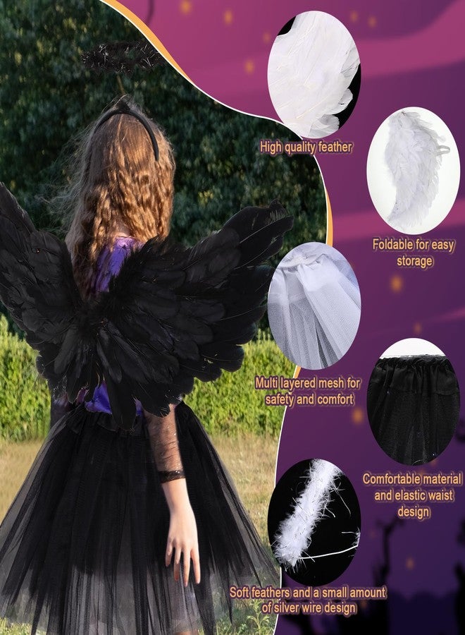 Tisancy 6 Pcs Halloween Angel Costume Set Feather Wings Wreath Headband Set 3 Layered Tulle Tutu Skirt Black and White Angel Costume for Girls Kids Halloween Xmas Cosplay Party Accessory - Image 3
